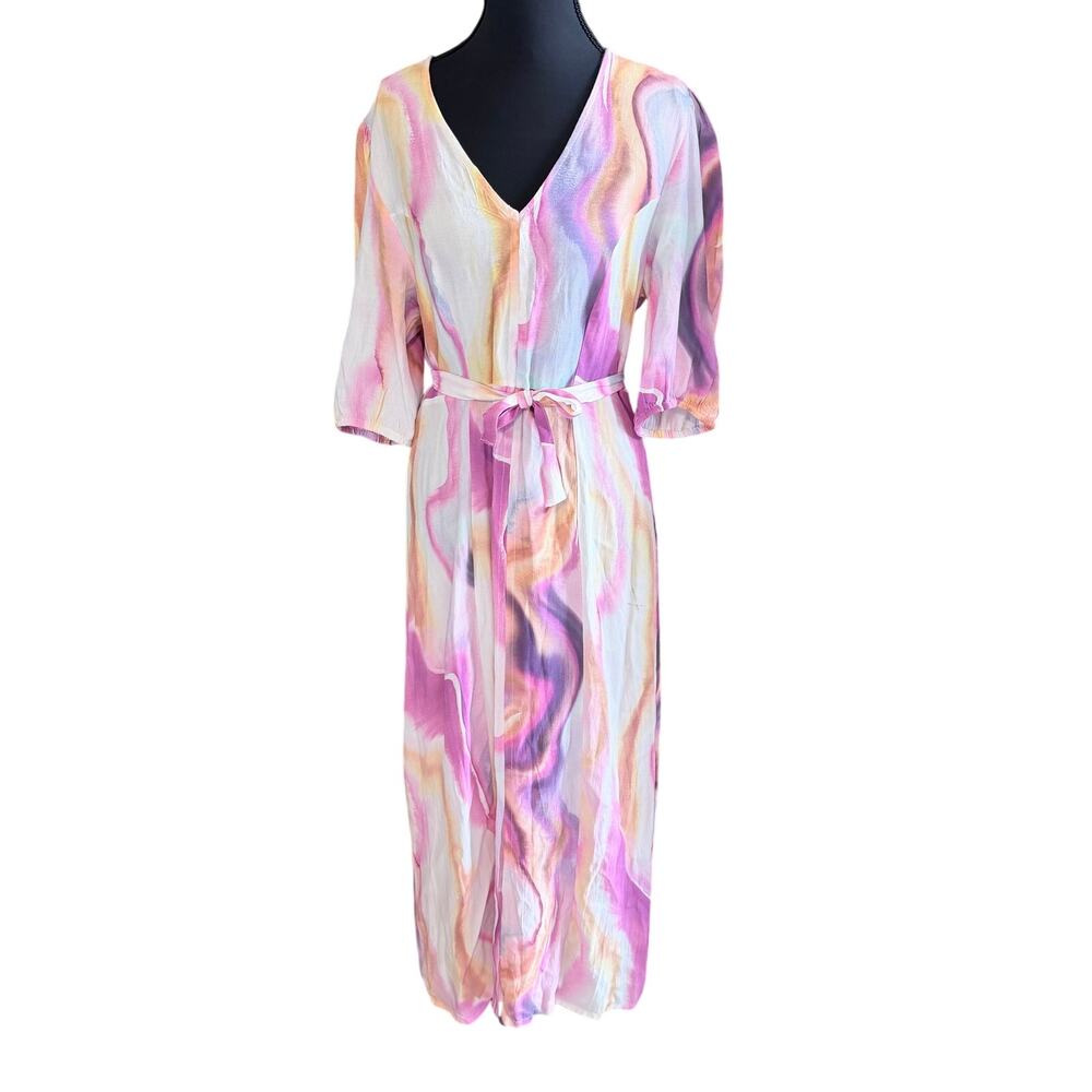 ICHI long pink swirl maxi dress with belt viscose quiet luxury dopamine 36 US 4